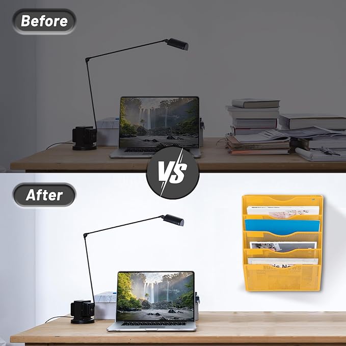 EASEPRES 5 Pocket Mesh Hanging Wall File Organizer, Wall Mounted Mail Paper Document Folder Holder, Clipboard Storage Organization Magazine Rack with Nametag Label for Office Home School, Yellow