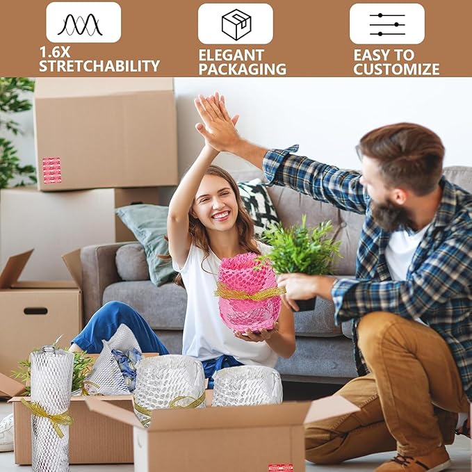 Honeycomb Packing Paper, 12" x 100' Packing Paper Substitute Alternative for Bubble Cushioning Wrap for Moving Shipping Packaging Mailing, Recyclable Moving Supplies Bubble Packing Wrap Roll-Pink