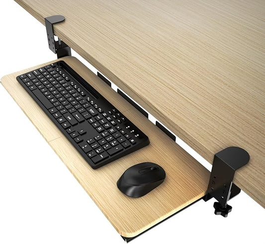 Ergonomic Keyboard Tray Under Desk Pull Out with Adjustable C-Clamp Mount, Slide-Out Computer Keyboard and Mouse Platform Drawer for Office and Home Typing (Light Wood)
