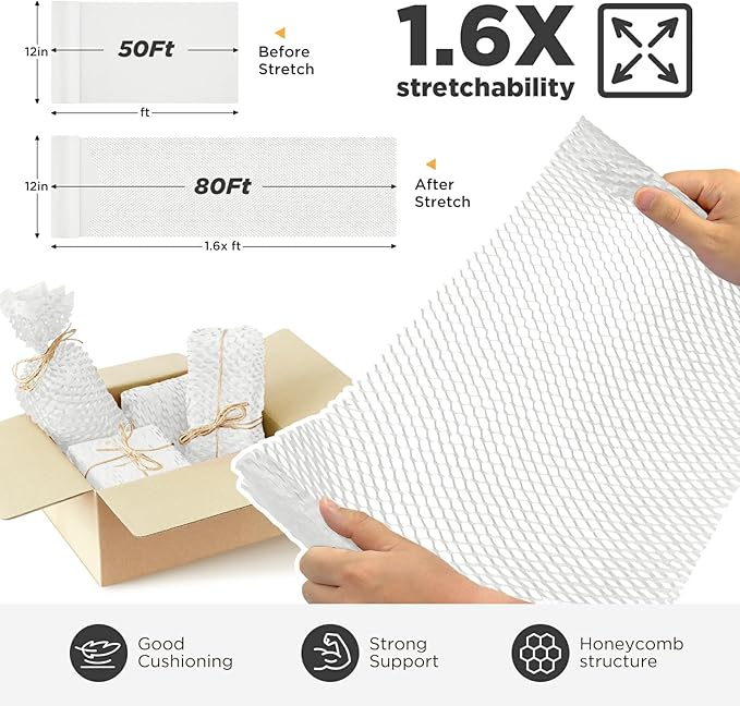 Honeycomb Packing Paper, 12"x50' White | Perforated Honeycomb Packing Paper Recyclable Moving Supplies for Shipping & Moving | Plastic-Free Alternative to Bubble Cushion Wrap with 36 Fragile Stickers