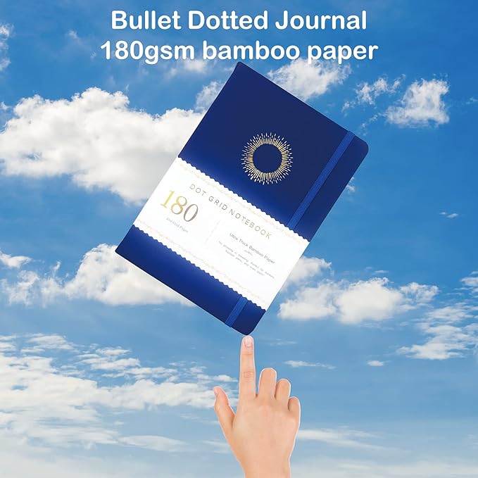 Dotted Notebook Journal 180GSM Bamboo Thick White Paper 160 Pages 5 * 5MM Dot Grid, Lay Flat Binding,Colored Silver Edges, Bookmarks and Expandable Back Pocket (BKP-3)