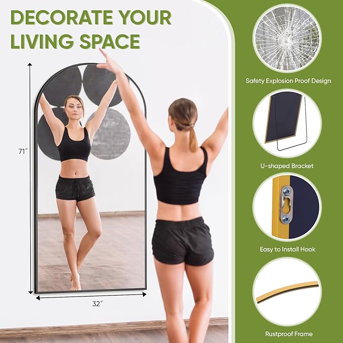 Full-Length Floor Mirror with Stand, 71"x32" Arched Style Full Body Standing Mirror for Bedroom, Living Room, Gym, Dorm - Shatter-Resistant & Easy Assembly, Black