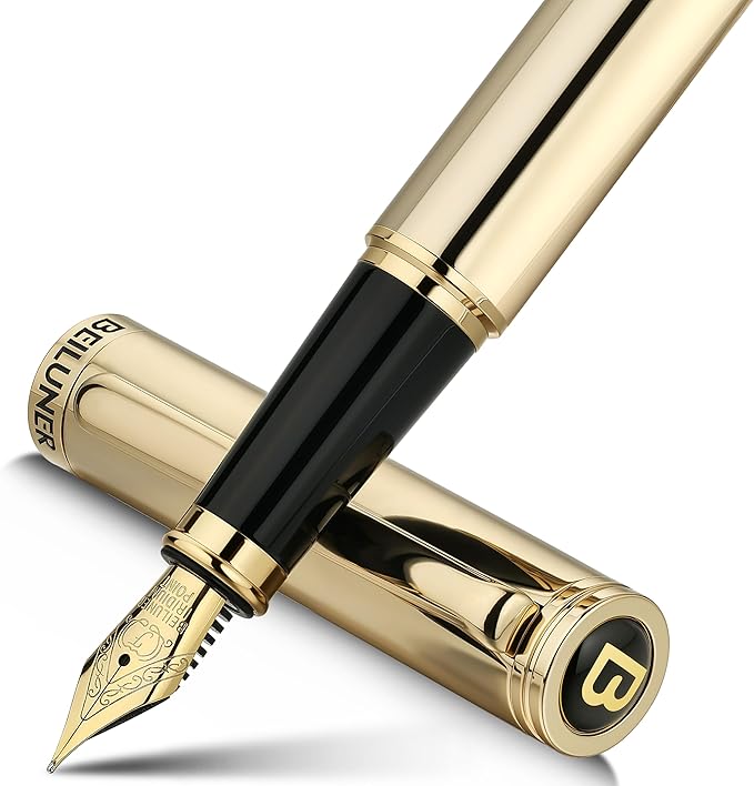 BEILUNER Gold Fountain Pen,Stunning Luxury Pens with 24K Gold Accents, Gorgeous 24K Gilded Nib(Fine), Ink Converter,Fancy Pen Gift for Men&Women-Elegant, Graduation, Office, Reliable,Nice for Writing