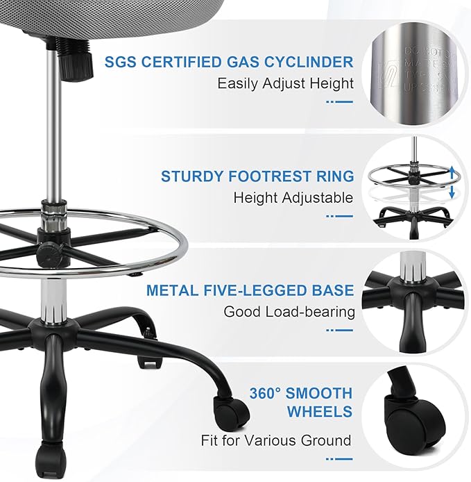 HYLONE Tall Drafting Chair Standing Desk Chair with Flip-Up Armrests, Adjustable Height Ergonomic Office Chair with Footrest Ring - High Stool Chair for Standing Desk（Grey）