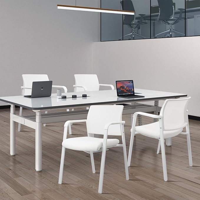 CLATINA Stacking Office Chairs | Mesh Back, Thicken Leather Seat and Arms, Ergonomic Lumbar Support | Guest Reception, Waiting, Conference, School, Party, Customer, Side, Stationary | Set of 2, White