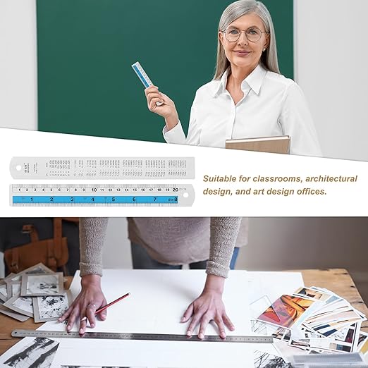 HARFINGTON 6pcs Metal Straight Ruler 20cm Metric SAE Aluminum Alloy Measuring Rulers Scale Tools with Hole for Measure Study Reading Classroom Office, Blue