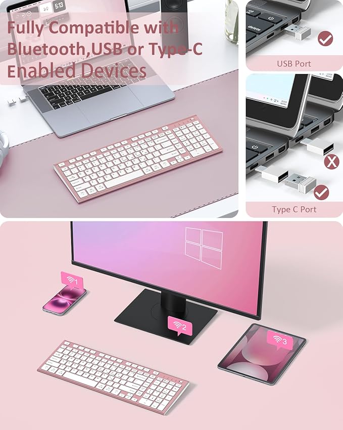 FENIFOX Wireless Keyboard, Bluetooth + USB Ergonomic Silent Quiet Rechargeable with Number Pad Cute Compact Full Size Multi Device Keyboards for iPad Tablet Mac Computer Surface PC MacBook Laptop Pink