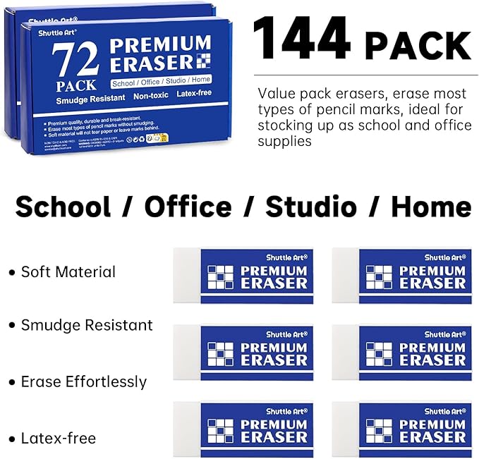 Erasers, Shuttle Art 144 Pack Premium Eraser Bulk, White Erasers Classroom Set for Kids Teachers as School and Office Supplies