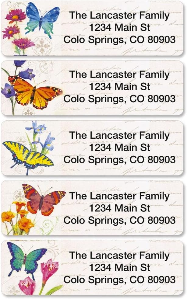 Butterflies & Flowers Rolled Personalized Return Address Mailing Labels with Dispenser, Set of 250, 5 Designs, Small ¾ x 2½ Inch Size, Custom Self-Adhesive Sticker Roll, by Colorful Images