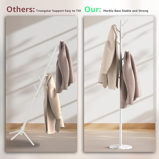 Coat Rack with Natural Marble Base, Metal Freestanding Coat Rack with 8 Hooks, 3 Adjustable Size Sturdy Coat Tree for Bags, Coats, and Hats for Entryway, Hallway, Bedroom, Office, White