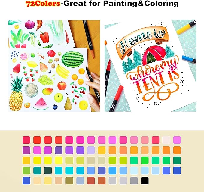 Dual Markers Brush Pens, 72 Colors Art Marker Set with Brush and Fine Tips – Premium Art Supplies for Kids & Adults, Perfect for Coloring Books, Hand Lettering, Calligraphy, and Drawing