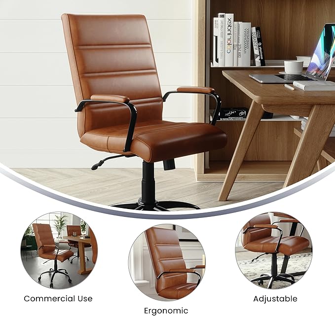 Flash Furniture Whitney Mid-Back Swivel Leather Desk Chair with Padded Seat and Armrests, Adjustable Height Padded Leather Office Chair, Brown/Black