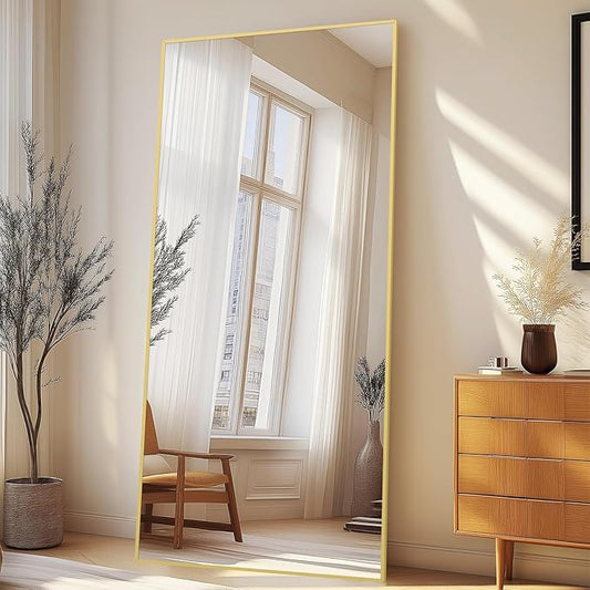 Full Length Mirror with Stand 76"x34" Extra Large Gold Floor Mirror, Rectangle Standing Mirror for Living Room Bedroom Cloakroom Gym, Thin Aluminum Frame, Tempered Glass