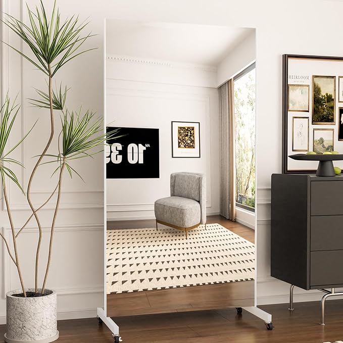 Brisafe Home Gym Mirror 71'' x 40'' - Rolling Safety Mirror for Dance Studio & Yoga, Ultra Clear Nano Material Full-Length, Oversized Shatterproof Floor Mirror With Wheels, 13LBS, White