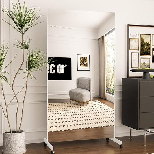 Brisafe Home Gym Mirror 71'' x 40'' - Rolling Safety Mirror for Dance Studio & Yoga, Ultra Clear Nano Material Full-Length, Oversized Shatterproof Floor Mirror With Wheels, 13LBS, White