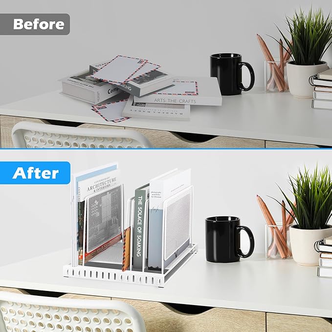 EASEPRES 5 Section Vertical Metal Mesh Desk File Organizer, Spacing Adjustable Upright Desktop Paper Mail Document Magazine Sorter Folder Holder for Workspace Office School Home, White