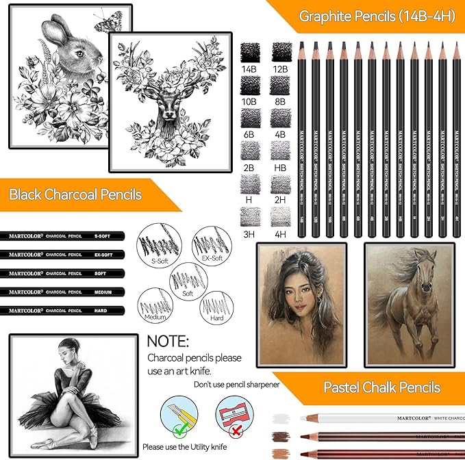 Drawing Sketching Pencils Set, 34 Pieces Pro Art Pencil Kit - Graphite Pencils (14B-4H), Charcoal Pencils, Charcoal Sticks, Artist Pencils for Beginners & Pro Artists