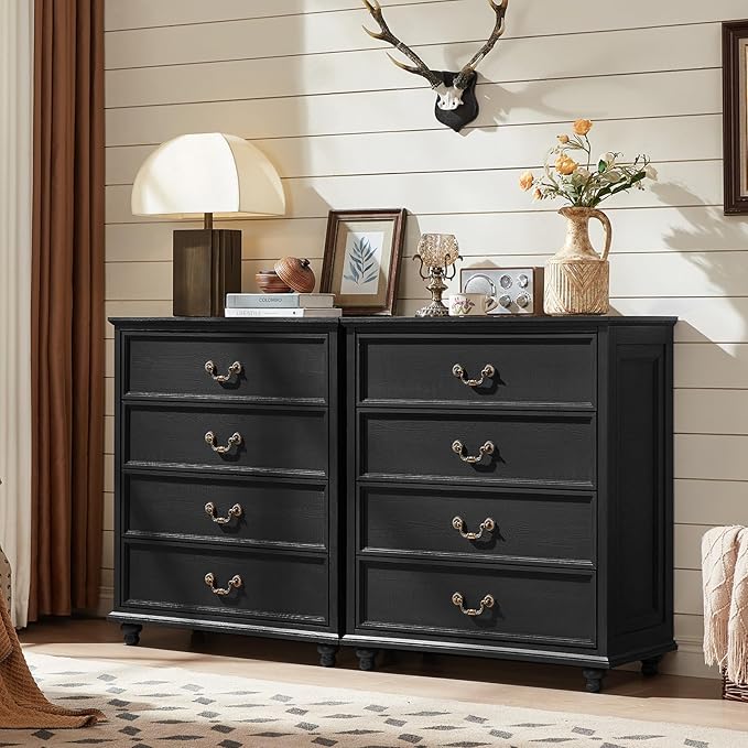 Farmhouse 4 Drawer Dresser for Bedroom, 37" Tall Rustic Chests of Drawers w/ 4 Solid Wood Feet, Mid Century Modern Wooden Closet Storage Dressers Organizer for Living Room, Hallway, Black