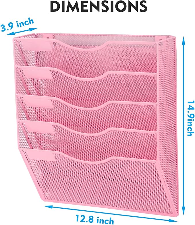 EASEPRES Magnetic 5 Pocket Mesh Hanging File Organizer, Wall Mounted Mail Paper Document Folder Holder, Clipboard Storage Organization Magazine Rack with Nametag Label for Office Home School, Pink