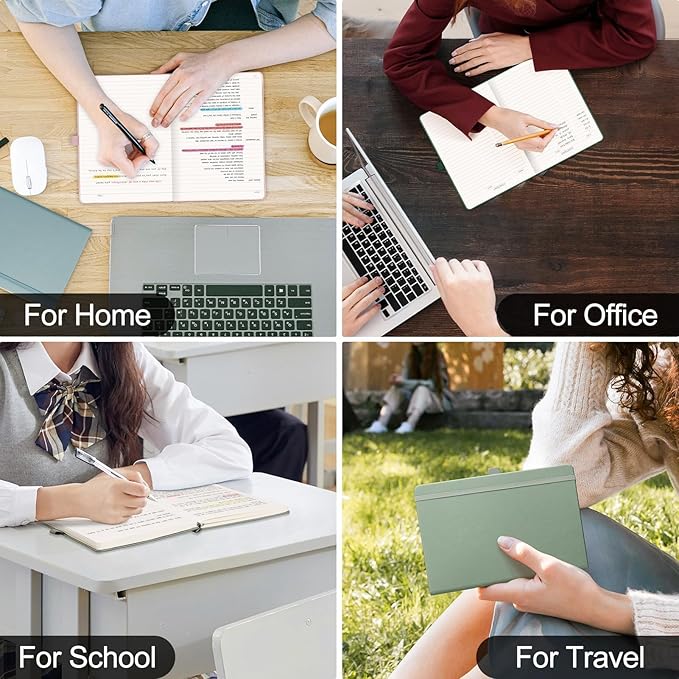 EMSHOI A4 College Ruled Notebook Journal- 400 Pages (200 sheets), 7mm Spacing & Vegan Leather Cover for Work, School, Bible Study, Bullet Journaling- with Sticky Notes, Pocket & Pen Holder - Green