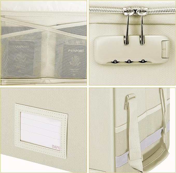 ENGPOW File Box with Lock, Fireproof Document Box with Zipper Lid, Collapsible File Storage Organizer Filing Cabinet with Handles, Portable Home Office Safe for Hanging Letter/Legal Folders, Beige