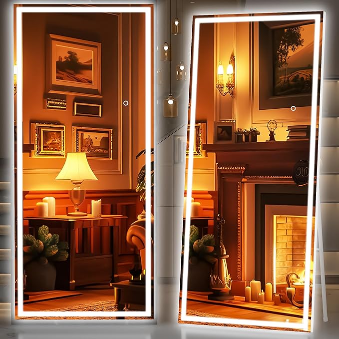 Hasipu Full Length Mirror with Lights, 83" x 36" LED Lighted Floor Standing Mirror, Full Body Dressing Hanging Mounted Mirrors, Dimmable, Tempered Glass, Safe to Use, Square White