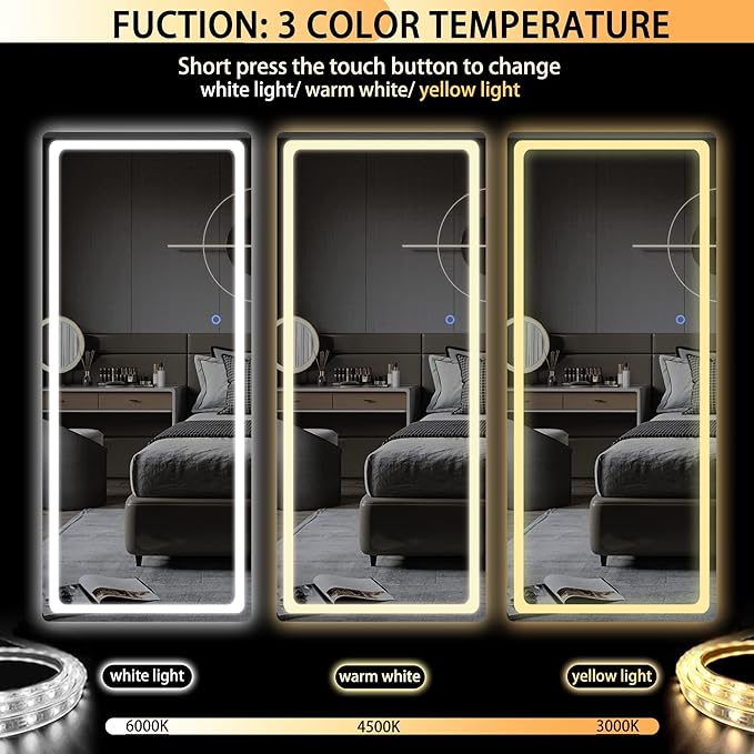 Hasipu Full Length Mirror with Lights, 61" x 22" LED Floor Mirror, Full Body Dressing Standing, Hanging Mounted Mirror for Living Room Bedroom Cloakroom, Round White