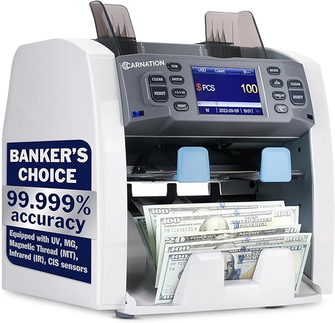 CARNATION Multi-Currency Bill Counter and Sorter with Counterfeit Detection - Money Counter Machine with MG, IR, MT, UV & CIS Image Recognition