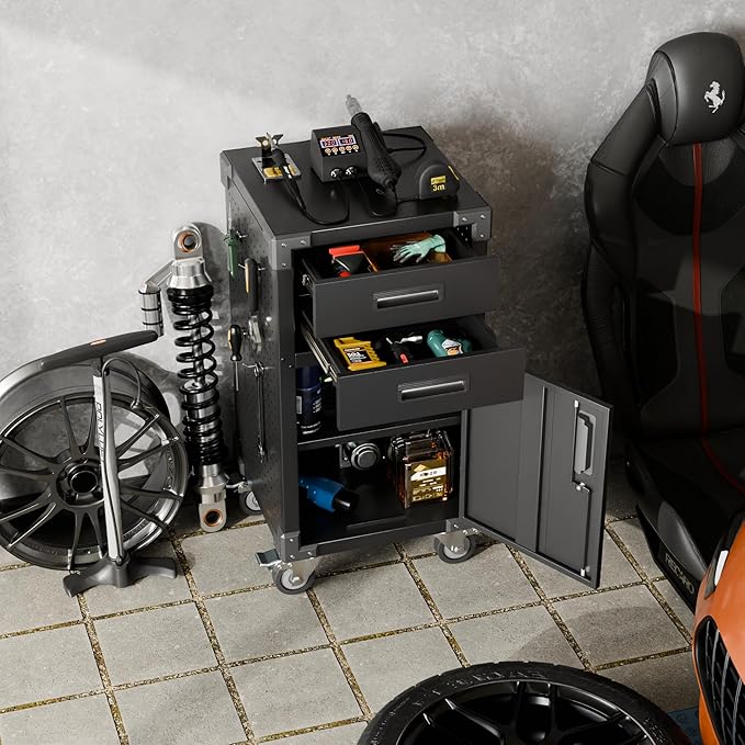 Garage Storage Cabinet, Metal Storage Cabinet with 1 Locking Door and 2 Drawers, Heavy Duty Rolling Workbench Table with Wheels and Pegboards for Garage, Office and Tool Room