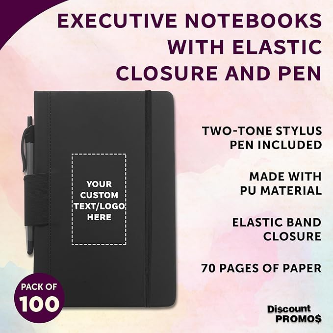 DISCOUNT PROMOS 100 Executive Notebooks with Pen Pack - Customizable Text, Logo - 6 x 8.5 inches, Recycled, Pen Loop, Closure Strap - Black