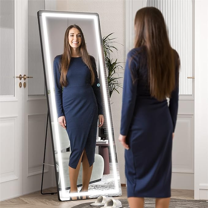 Hasipu Full Length Mirror with Lights, 65" x 22" LED Floor Mirror, Full Body Dressing Standing, Hanging Mounted Mirror for Living Room Bedroom Cloakroom, Round Black