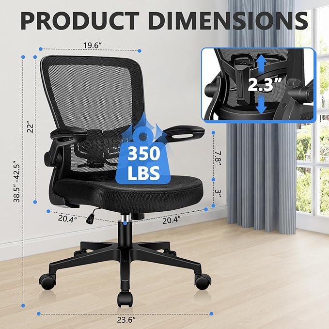 Desk Chairs with Wheels, Ergonomic Mesh Office Chair Adjustable Height and Swivel Lumbar Support Home Office Chair with Flip Up Armrests, Set of 2