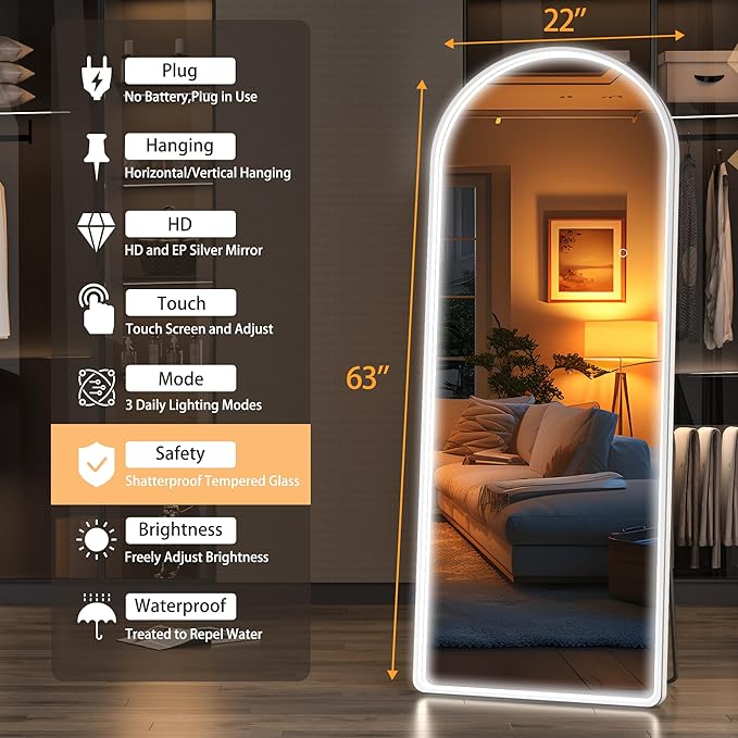 Hasipu 63" x 22" Led Mirror - Full Length, Arch Design, Wall Mounted with Dimming & 3 Color Modes