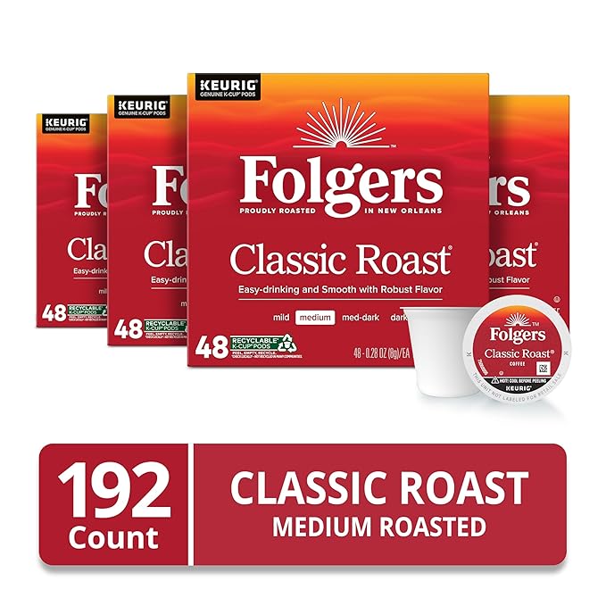 Folgers Classic Roast Medium Roast Coffee, 192 Keurig K-Cup Pods