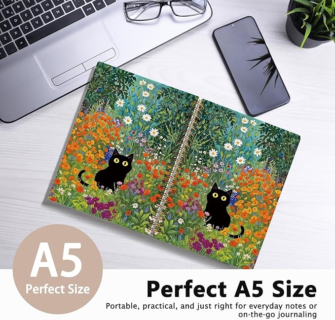 Cute Cat Notebook Journal, Cat Gifts for Girls, Cat Lover Gifts for Women Men, Funny Black Cats Floral Spiral Notebook, Cats Notepad for School Supplies 5.5x8.3 Inch
