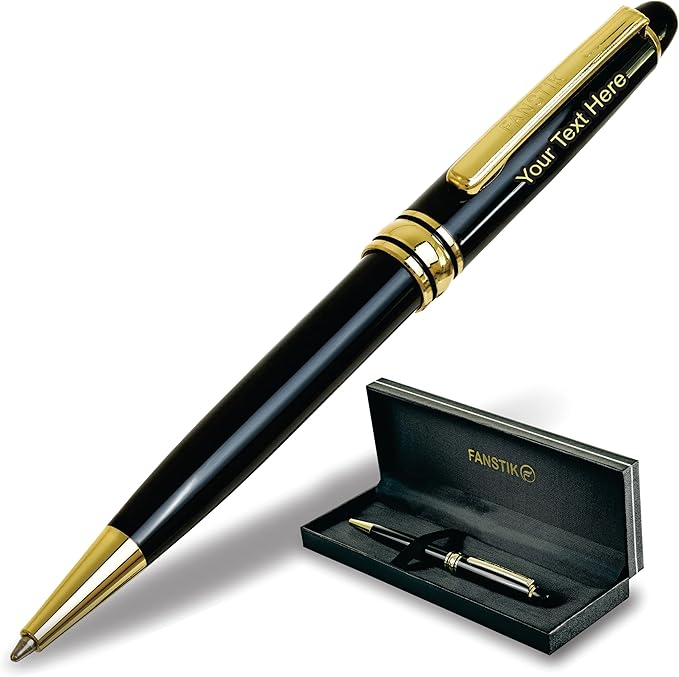 Customized BallPoint pen with name (MADE IN USA), stainless steel, black and gold, luxury engraved pen personalized for men and for women. (BallPoint Black-Gold)