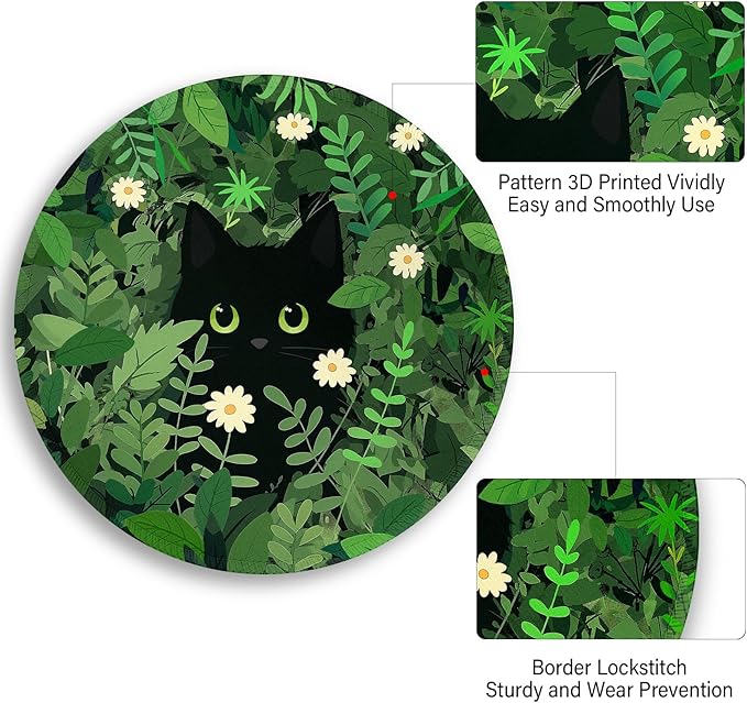 Black Cat Floral Mouse Pad, Small Round Mouse Pads for Desk, Cute Mini Travel Mousepad for Wireless Computer Laptop, Office Desk Accessories, 8.6 x 8.6 inch