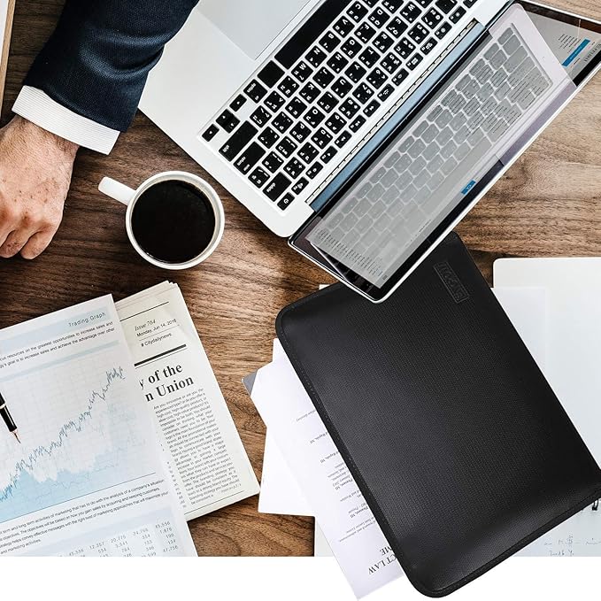 Expanding File Folder Important Document Organizer Fireproof & Waterproof Document Bag with A4 Size 3 Pockets Zipper Closure Non-Itchy Silicone Coated Portable Filing Wallet Pouch(14.3inx9.8inx1.6in)