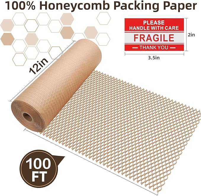 Honeycomb Packing Paper Wrap 12"x100' Sustainable Alternative to Bubble Wrap for Moving Shipping/Gift, Biodegradable & Fully Recyclable Bubble Paper Wrapping with 20 Fragile Sticker……