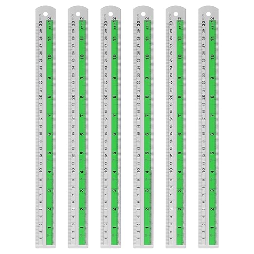 HARFINGTON 6pcs Metal Straight Ruler 30cm Metric SAE Aluminum Alloy Measuring Rulers Scale Tool with Hole for Measure Study Reading Classroom Office, Green