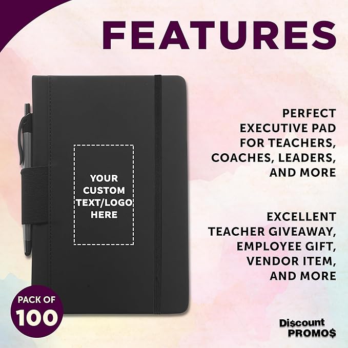 DISCOUNT PROMOS 100 Executive Notebooks with Pen Pack - Customizable Text, Logo - 6 x 8.5 inches, Recycled, Pen Loop, Closure Strap - Black