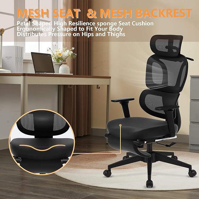 FLEXISPOT ErgoX-S Big and Tall Mesh Office Chair, Computer Desk Chair Adjustable Swivel with Footrest Lumbar Support Headrest and 360°Rotation for Home Office, Black Foam