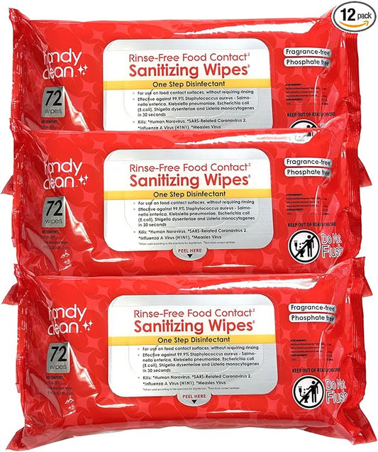 HandyClean Rinse-Free Food Contact Sanitizing Wipes Pouch, Multi Surface Cleaning Supplies for Kitchen and Professional Setting - 12 pack, 864 count