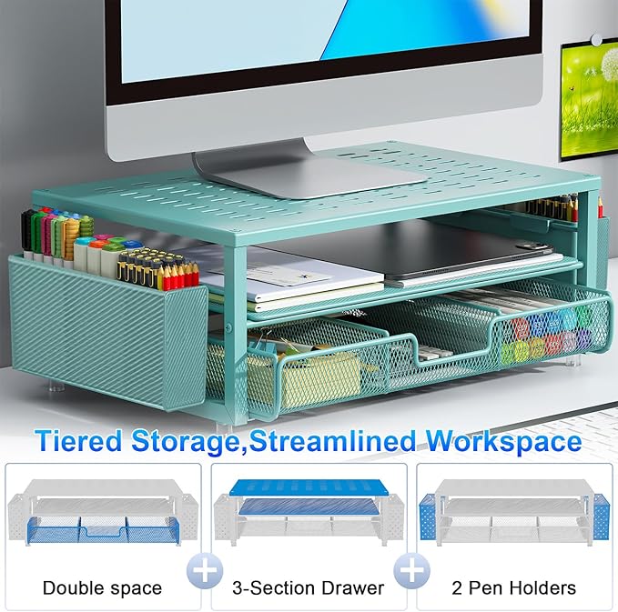gianotter Desk Organizers and Accessories, Monitor Stand with Drawer and 2 Pen Holder, Desktop Organizer Suitable for Offices and Dormitories (Blue)