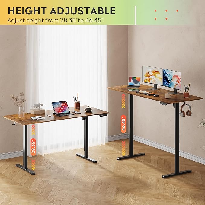 DEVAISE 63 Inch Electric Standing Desk, 3 Adjustable Height Stand up Desk for Home Office, Ergonomic Sit to Stand Desk with LED Touchscreen, Hook, 3 Memory Preset Computer Desk (Rustic Brown)