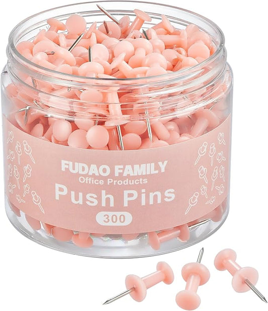 FUDAO FAMILY 300pcs Push Pins for Bulletin Board, Thumb Tacks for Wall Corkboard, Map Pins - Home Office School Craft Projects Plastic Head Steel Push Pin (Pink)