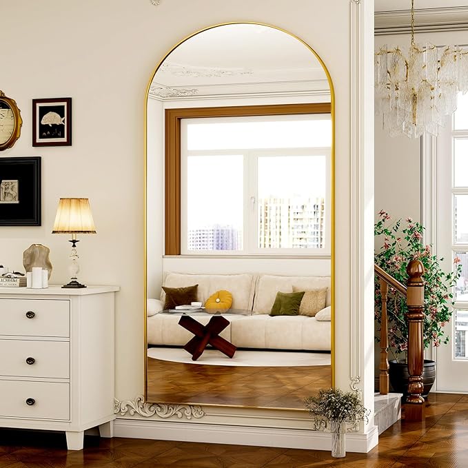 GLSLAND-38x77 inch Arched Full Length Mirror - Floor Mirrors Aluminum Alloy Frame Full Body Dressing Mirror for Bedroom Living Room,Gold