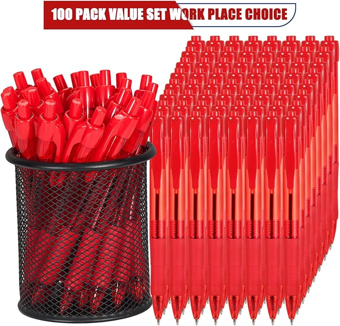 deegtran Pens Bulk, 100 Pack No Bleed Red Ink Click Pens with Soft Grip, Wholesale Retractable Ballpoint Pens for Office School, Medium Point Smooth 1.0MM