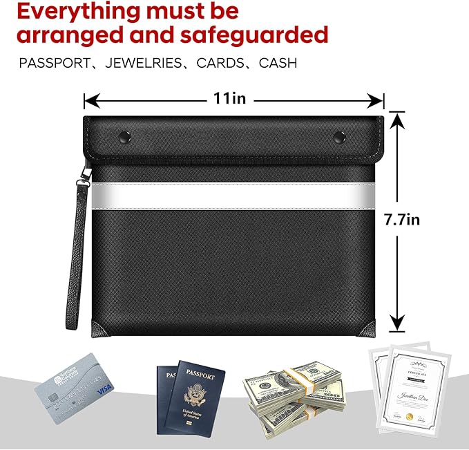 Fire Proof Money Bag for Cash 5200℉ Heat Insulated,Fireproof Waterproof Document Pouches with Double-Sided Reflective Strip,Money Envelopes for Cash,Valuables,Jewelry(11"x7.7",Black)