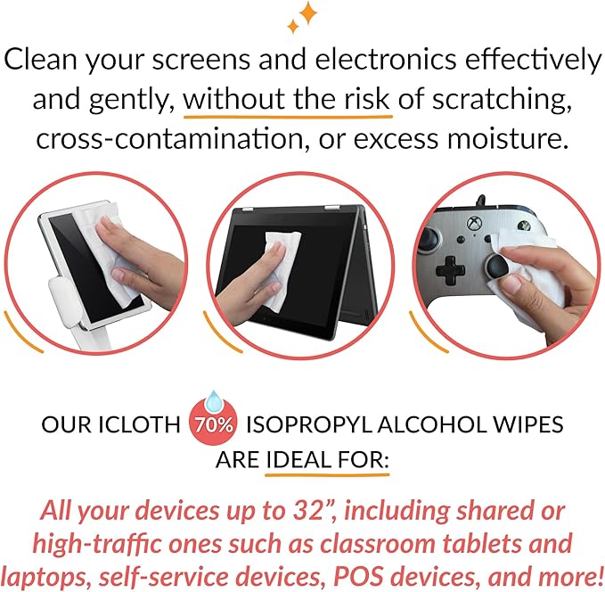 iCloth 70% Isopropyl Alcohol Large Screen and Electronics Wipes, Lint-Free, Streak-Free, Fast-Drying, Removes Dust and Fingerprints (50 Wipes)